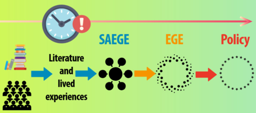 Diagram: literature and lived experiences feed into SAEGE, which feeds into the EGE, which feeds into policy. A clock with a warning sign sits on an arrow running above the whole chain, indicating time pressure at every stage.