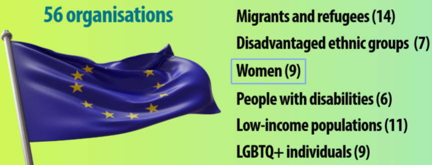 Graphic: 56 organisations, shown beside an EU flag. Listed as: Migrants and refugees (14), Disadvantaged ethnic groups (7), Women (9), People with disabilities (6), Low-income populations (11), LGBTQ+ individuals (9).